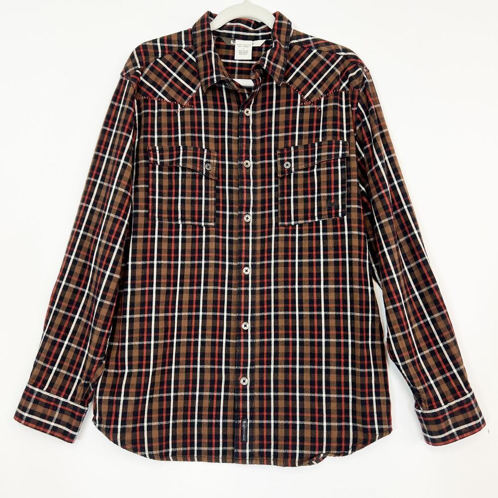 Banded Flannel Button Down Long Sleeve Shirt Brown & Orange Men's Large